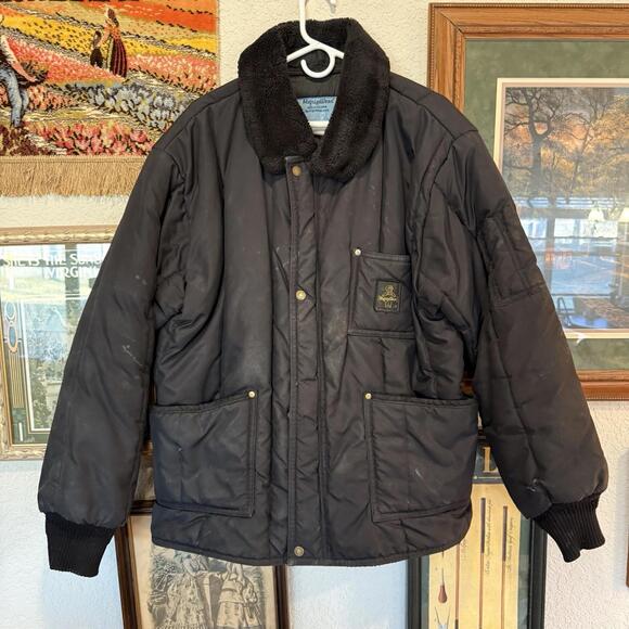 Vintage 80s Refrigiwear Polar Work Black Jacket Men's‎ Size XL Fur Collar